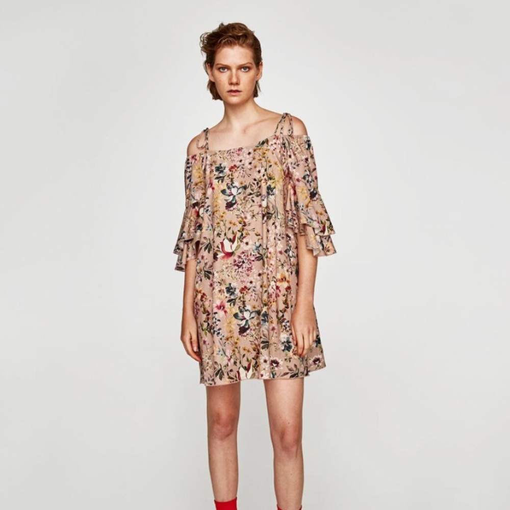 NWT ZARA Off Shoulder Pink Floral Dress Size S